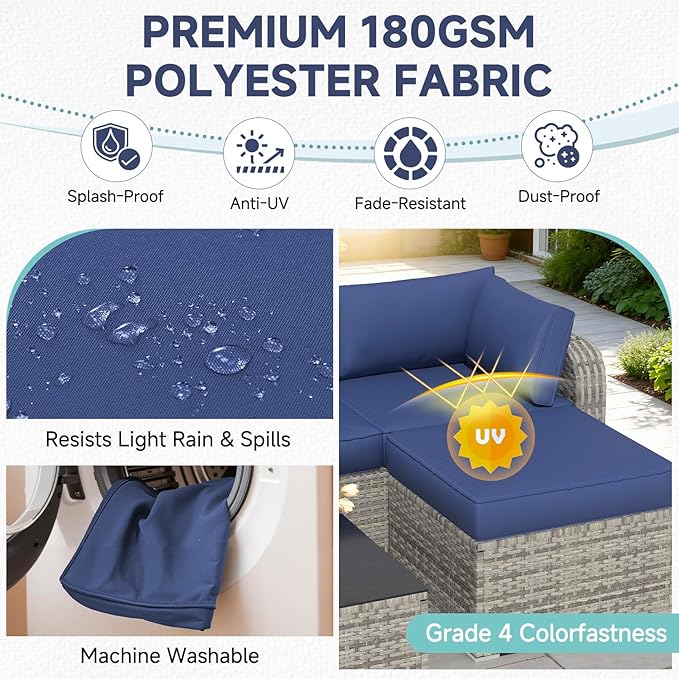 HOMREST Outdoor Replacement Cushions for Patio Furniture,Water-Repellent Sofa Cushion for 4-Seat Rattan Wicker Sectional Patio Conversation Sets,9-Piece Cushions Set for Outdoor Couch,Navy Blue
