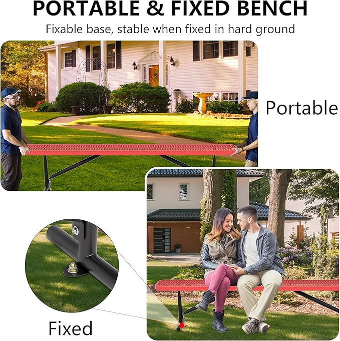 8 Feet Heavy Duty Metal Park Bench for Outside, Outdoor Bench with Portable Frame, Commercial Benches for Shopping Mall, Store, Park, Patio, Deck, Red