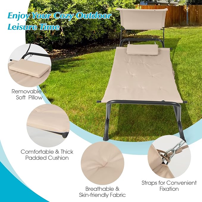 Giantex Hanging Hammock with Stand, Patio Hanging Chaise Lounge Chair w/Canopy, Cushion, Pillow & Storage Bag, Heavy Duty Swing Hammock Bed for Garden Lawn Backyard Patio Poolside Porch (Beige)