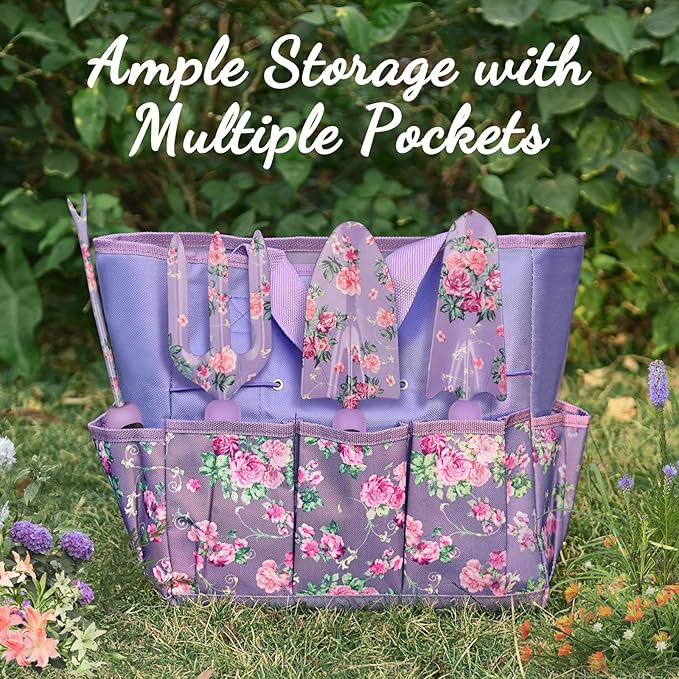 Gardening Tools, WisaKey 10 Piece Heavy Duty Purple Garden Tool Set Durable Garden Supplies Organizer Bag Garden Hand Tools Grandmother Granny Valentine's Gift for Woman