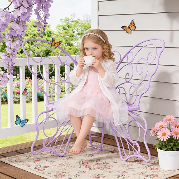 36 Inch Outdoor Bench, Cute Garden Bench with Metal Frame, Weatherproof Butterfly Front Porch Benches for Lawn, Garden, Yard, Balcony, Purple