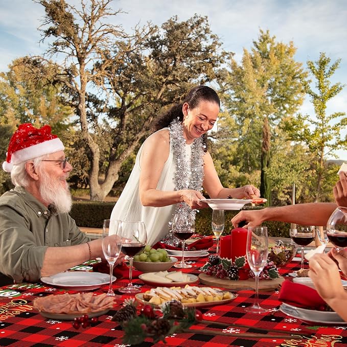 3 Pieces Merry Christmas Tablecloth - 54"x108" Disposable Red and Black Checkered Plastic Table Cover with Santa and Snowflakes for Christmas Dinner Party Supplies, Winter Seasonal Decorations