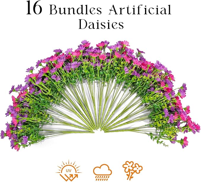 16 Bundles Silk Daisy Artificial Flowers for Outdoors UV Resistant Fake Daisies Plastic Plants Flower for Home Outside Front Door Porch Garden Patio Planters Decoration (Double Purple)