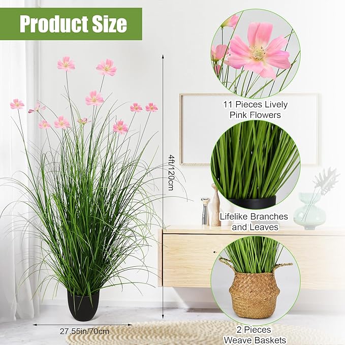 2 Pack Tall Artificial Plants with Basket 47inches Faux Pampas Grass Flowers Fake Floor Plants Decor in Pot Large Greenery Stems Faux Plant House Plant Indoor Decoration