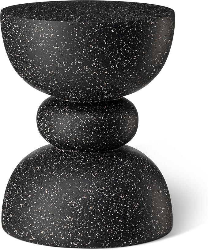 Glitzhome Outdoor Side Table, Round Accent End Table, Lightweight Faux Terrazzo Decorative Garden Stool, 17.25" H Black Planter Stand for Patio Porch Balcony Living Room