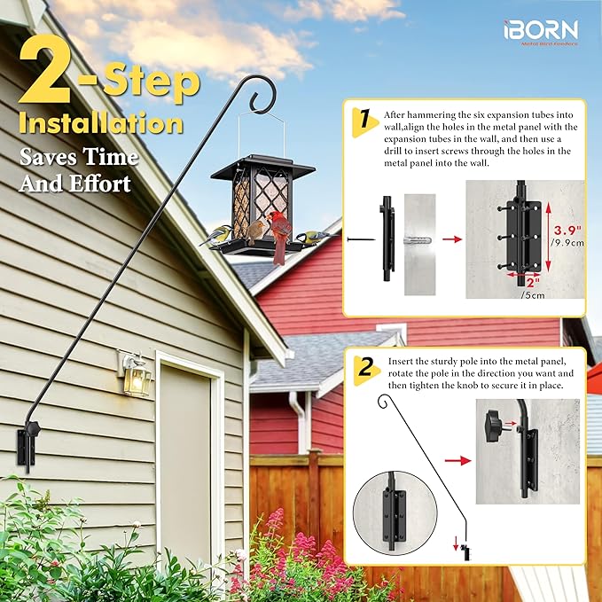 iBorn Wall Mount Deck Hook, 40" Squirrel Proof Bird Feeder Pole, Heavy Duty Extended Reach Wall Mounted Deck Hook Wall Pole, 180° Rotatable Arm, Solid Wire, Pack of 2