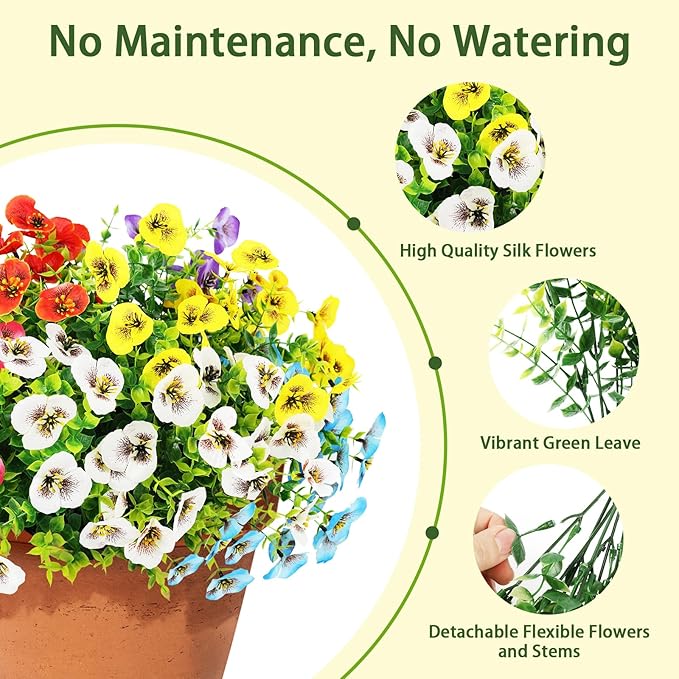 MACTING 24 Bundles Artificial Spring Flowers for Outdoors Faux Outdoor Pansy Plants UV Resistant Fake Silk Pansies for Outside Planter Front Door Porch Yard Patio Garden Home Decorations(Mix Color)
