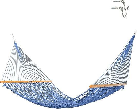 Original Pawleys Island Deluxe Coastal Blue DuraCord Rope Hammock – 13 ft. x 65 in, 2-Person, 450 lb Capacity, Oak Spreader Bar, Zinc-Plated Hardware, Handcrafted in The USA
