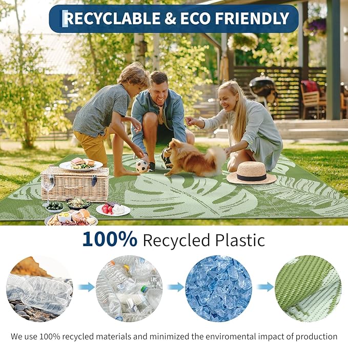 Outdoor Rug 8x10 Waterproof Patio Rugs Modern Leaf Print Reversible Mat for Front Door Rv Foldable Plastic Straw Carpet for Travel Trailers, Deck, Picnic, Porch, Camper, Balcony, Beach，Green