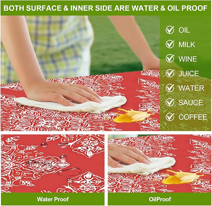 Picnic Table Cover with Bench Covers Set of 3 - Red Ethnic Symmetrical Bohemian Medallion Pattern, Elastic Fitted Tablecloth for 6 Ft Tables, Washable Polyester Cover for Patio, Indoor & Outdoor