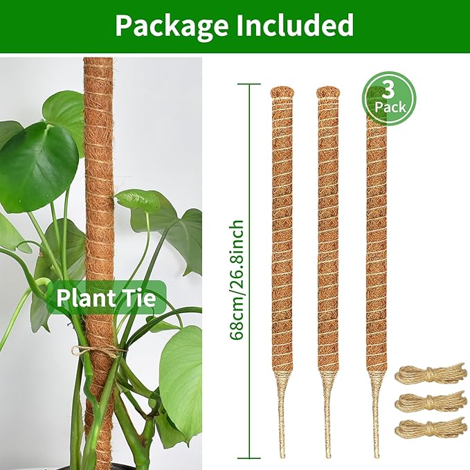 3 Pack Moss Pole, 26.8-Inch Moss Poles for Plants Monstera, Bendable Plant Support Stakes for Climbing Plants Indoor, Garden Trellis Plant Stick for Potted Plants, Pothos Philodendron