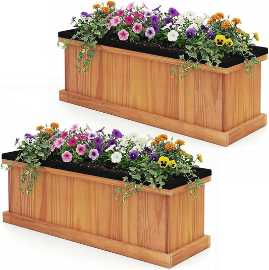 Giantex Outdoor Raised Garden Bed Set of 2, 28” x 10” x 10” Pine Wood Planter Box w/ 3 Drainage Holes, Removable Bottom & Bed Liner, Rectangular Flower Container for Vegetables Herbs, Indoor & Outdoor