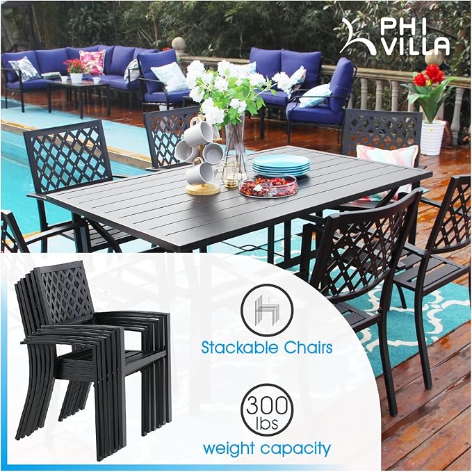 PHI VILLA Metal Outdoor Dining Chairs Set of 6 - Stackable Black Patio Chairs, 300lb Capacity (Diamond)