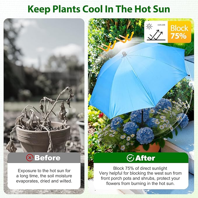 Garden Umbrellas for Plants, 4 Pack Plant Umbrellas for Outdoor Plants, 25" Large Plant Shade Umbrella with Stake for Potted Plants, Adjustable Angle 43.3" Height Plant Sun Shade Cover UV Protection