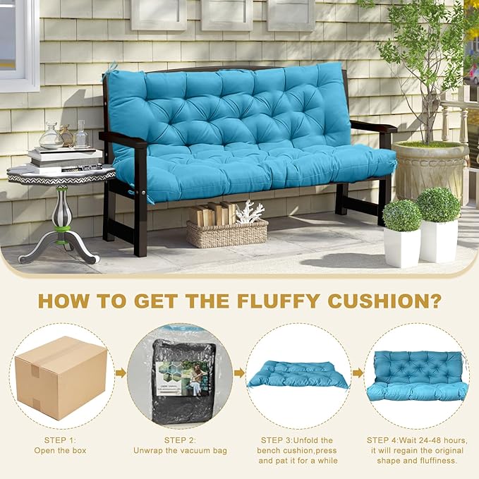 60" Porch Swing Cushion with Backrest, Waterproof Outdoor Bench Swing Cushions 3 Seater Replacement Thickened Swing Cushions with Ties for Patio Garden Backyard,Sky Blue,60x40in