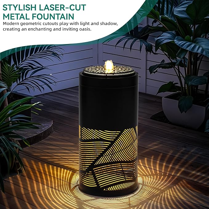 23.6" Outdoor Water Fountain with LED Lights, Metal Cutout Geometric Patterns Modern Garden Fountain with Pump, Soothing Cascading Water Flow for Patio, Deck, Porch Décor