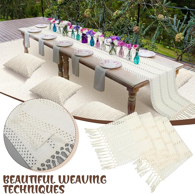 Extra Large Outdoor Boho Picnic Blanket 91'' x 71'' White Table Runner 6 Throw Pillow Cover Woven Cotton Yarn Oversize Beach Blanket Washable for Picnic Camp Wedding