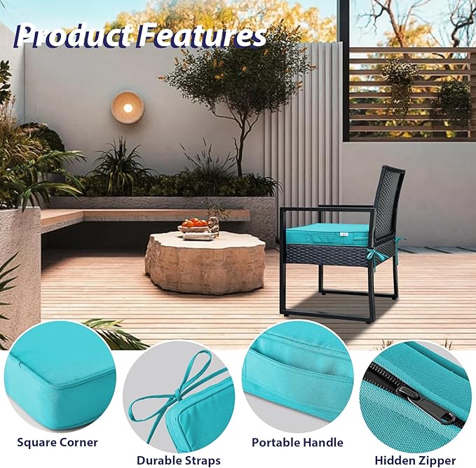 Outdoor Chair Cushions Set of 4,Waterproof Outdoor Seat Cushions for Patio Furniture,Patio Chair Cushion with Handle and Ties, Square Out Door Chair Pads,17" x 16" x 2", Teal
