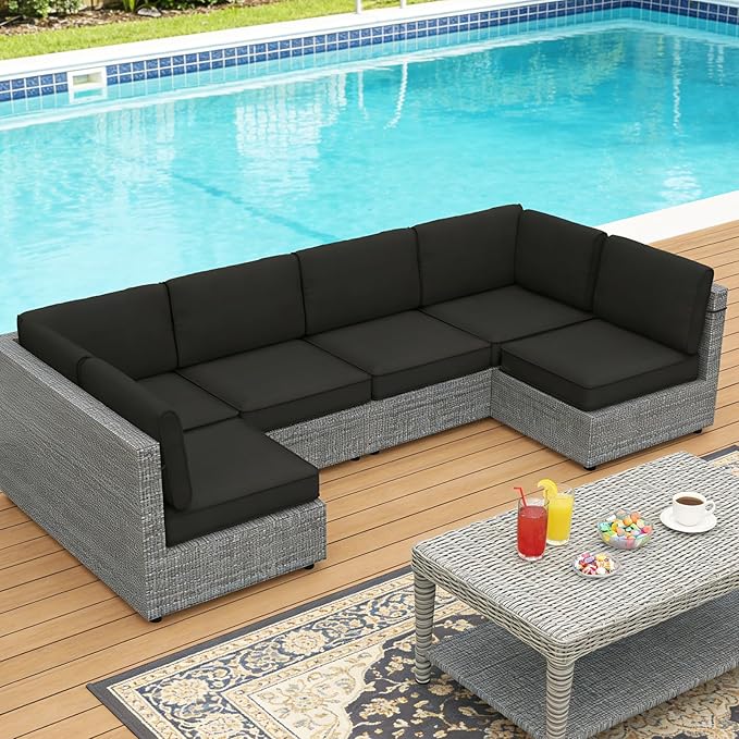 14 Pcs Outdoor Replacement Cushions for Patio Furniture, All Weather Water Resistant Cushion for 6 Seat Rattan Wicker Sectional Patio Conversation Sets and Couch (Black)