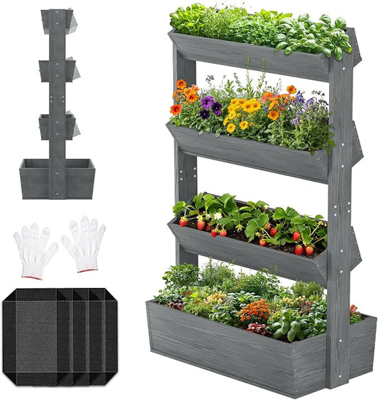 Wooden Vertical Raised Garden Bed, 4 Tier Garden Planters Raised Beds Freestanding Plant Stand Flower Rack Wooden Planter Box for Plants Herbs Flowers Vegetables Outdoor Indoor Gardening