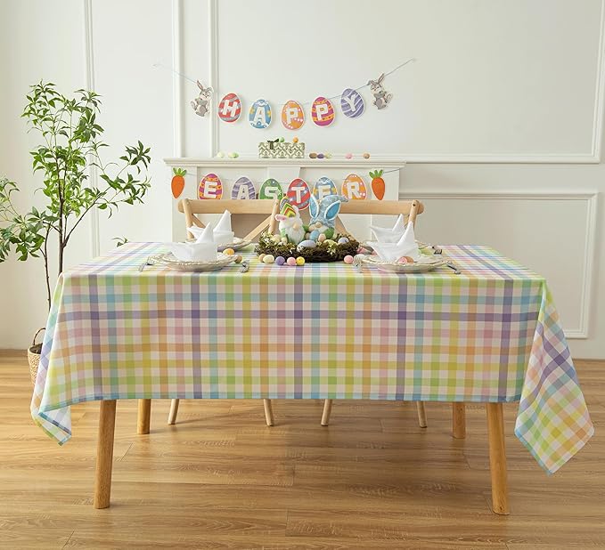 Waterproof Checkered Tablecloth Fabric - Colorful Rectangle 58x84 Inch Easter Table Cloth for Indoor/Outdoor Use - Table Cover for Kitchen, BBQs, and Parties
