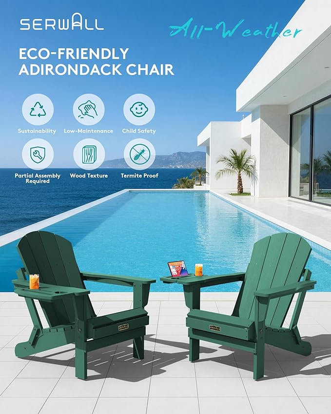 SERWALL Folding Adirondack Chair Set of 2, HIPS Adirondack Chairs with 4 in 1 Cup Holder, Weather Resistant Plastic Chairs for Patio Garden Outdoors Fire Pit - Green