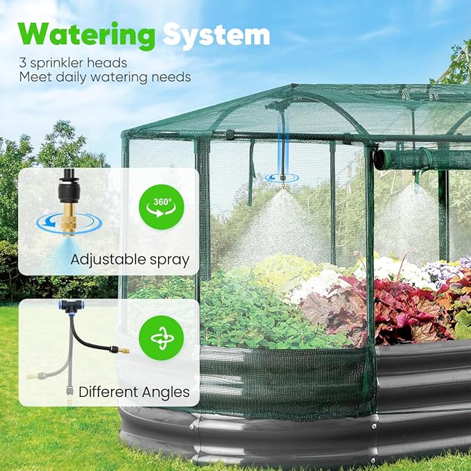 Quictent Galvanized Raised Garden Bed Kit with Self Watering System and Mesh Cover, Large Oval Metal Outdoor Planter Garden Boxes for Vegetables Herbs Flowers, 8x3x1Ft