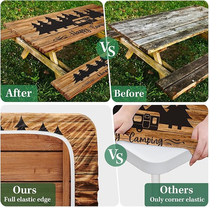 Picnic Table Cover with Bench Covers Elastic Edges, Wood Camper Fitted Table Cover, Outdoor Patio Camping Essentials 72 Inch 3PCS, Waterproof Camping Fitted Tablecloth with Drawstring Bag