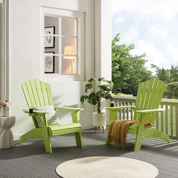 Psilvam Adirondack Chair, Oversized Poly Lumber Fire Pit Chair with Cup Holder, 350Lbs Support Patio Chairs for Garden, Weather Resistant Adirondack Chair Looks Like Real Wood (2, Green)