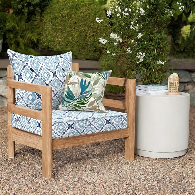 Outdoor Deep Seat Cushion Set, Water Repellent 24"x24" Patio Thick Cushions Replacement with Seat & Back Pillow for Patio Sofa, Wicker Chair, Couch - Boho Geometry Blue