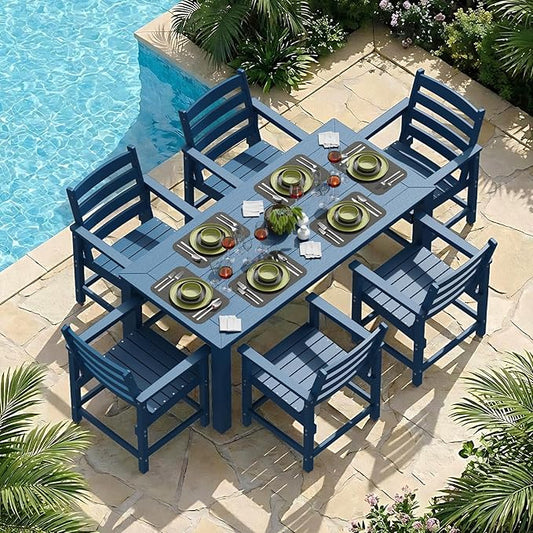 Outdoor HDPE Dining Table Set 7-Piece, All-Weather Outdoor Table and Chairs with Umbrella Hole Cut-Out, Patio Furniture for Garden, Backyard, Deck (Blue)
