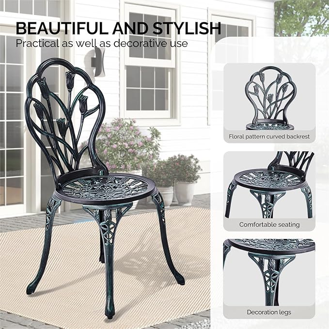 Outvita Patio Table and Chairs Set, Cast Aluminum Outdoor Cafe Table and Chairs Set of 3, Stability Patio Bistro Sets with Umbrella Hole for Garden, Patio, Balcony, Tulip Pattern Verdigris