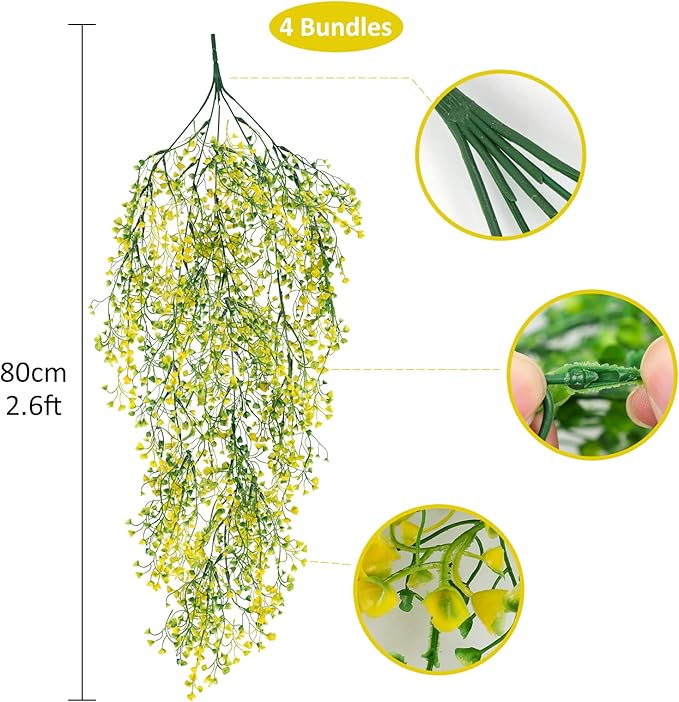 RECUTMS Artificial Hanging Vines 4 Pcs Fake Hanging Plants Faux Plastic Vines Leaves Wall Hanging Flowers for Spring Indoor Outdoor Home Bedroom Apartment Decoration(Yellow)