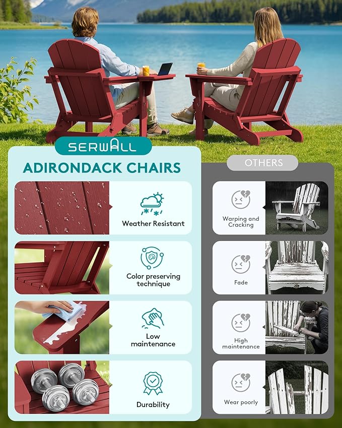 SERWALL Folding Adirondack Chair Set of 2, Outdoor Adirondack Chairs with 4 in 1 Cup Holder, Wood Texture Patio Chairs, Weather Resistant Fire Pit Chairs for Patio Deck Garden, Backyard - Red