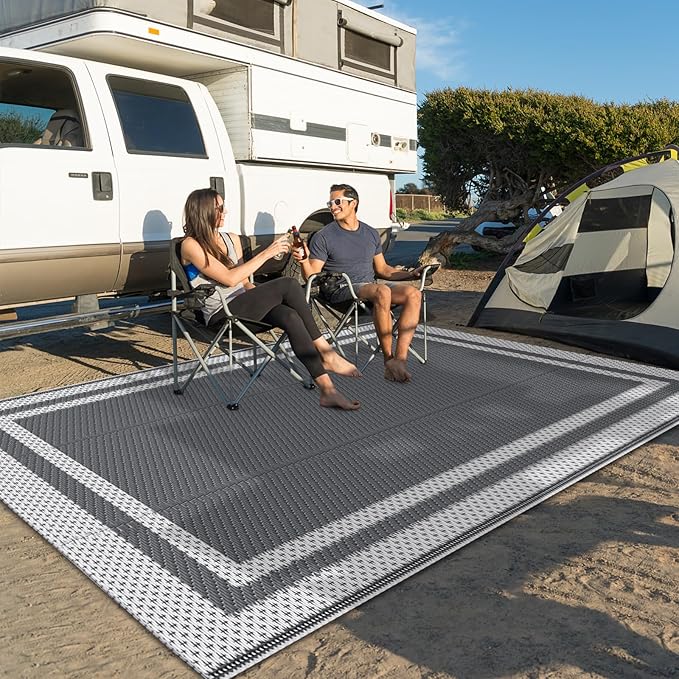 HappyTrends,Outdoor Rug,Patio Rug,Reversible Portable Outdoor Plastic Straw Rug,Camping Rugs for Outside RV,Large Waterproof Area Rugs for Patio,Deck,Picnic,Porch,Balcony(4'x 6',White&Gray)