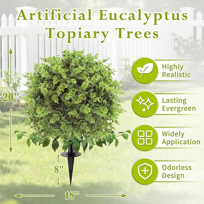 Artificial Topiary Tree with Eucalyptus, Set of 4 UV Resistant Fake Evergreen Shrubs with Ground Spike for Porch, Artificial Plants for Outdoor Indoor Garden Planters, Lifelike Decor