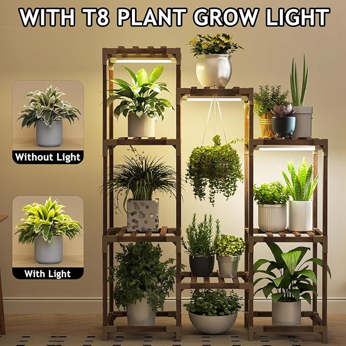 HOMKIRT Plant Stand with Grow Light, Lighted Plant Shelf Indoor for Multiple Plants, Wood Tall Plant Rack with Grow Lights Flower Stand for Corner, Living Room, Patio, Garden