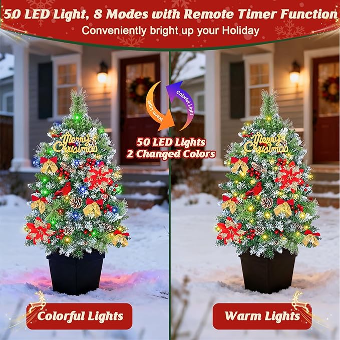 MARTINE MALL Set of 2 Outdoor Christmas Tree with Lights, 30in Christmas Urn Filler Christmas Planter Filler Outdoor Holiday Planter Bushes with Poinsettia Cardinal Birds for Front Porch Pathway