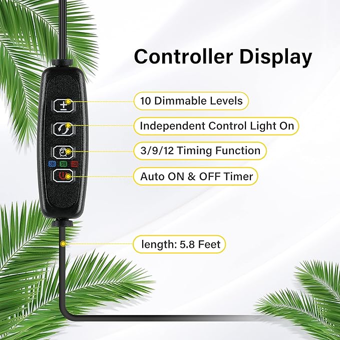 iPower 20W LED Plant Grow Light Strips Full Spectrum for Indoor Plants with Auto ON/Off 3/9/12H Timer, 10 Dimmable Levels 48 LEDs Per Tude, for Hydroponics Succulent, 2 Tubes, Mix