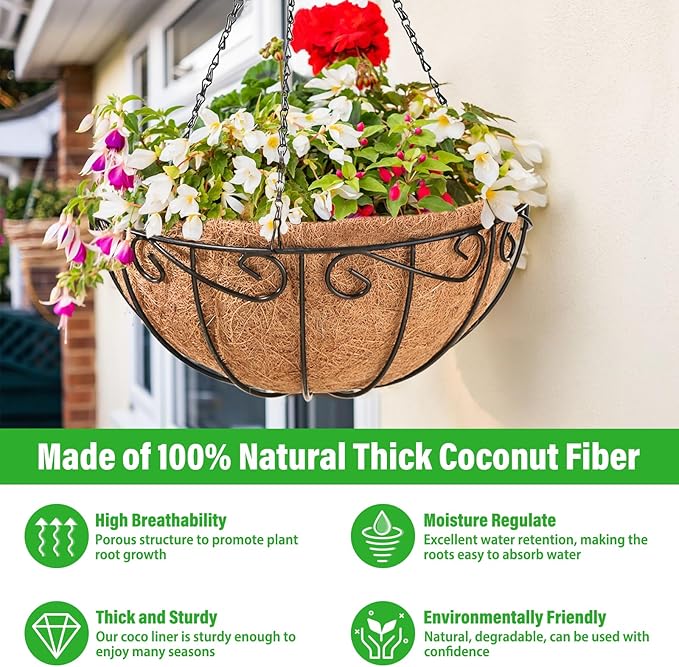 Legigo 2 Pack 12 Inch Metal Hanging Baskets for Plants Outdoor- Round Wire Hanging Planters Basket with Coconut Coir Liner, Hanging Flower Pot for Outdoor Plants Flowers Garden Decorations
