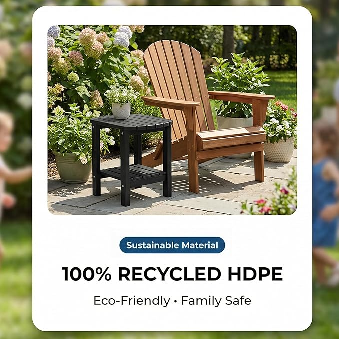 PASAMIC 2-Tier Adirondack Oval Outdoor Side Table, HDPE Small Outdoor Table, Patio End Table for Patio, Backyard, Weather-Resistant (Black)