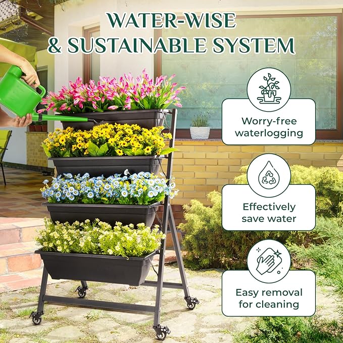 IDZO 4-Tier Vertical Raised Garden Bed with 4 Lockable Caster Wheels, Sturdy Steel Vertical Garden Planter with Efficient Drainage Tray, Ergonomic Ladder Planter with Included Garden Tools, Black