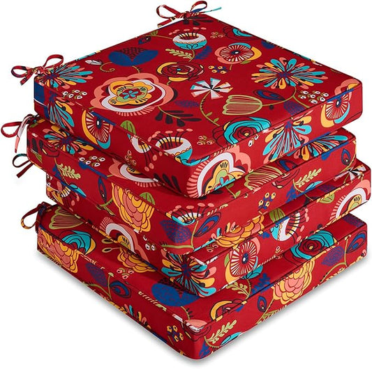 downluxe Outdoor Chair Cushions Set of 4, Waterproof 19" x 19" x 3" Patio Chair Cushion with Non-Slip Ties & Handle, Square Outdoor Cushion for Patio Furniture with Removable Cover, Sonia Scarlet