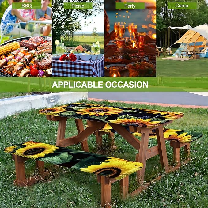 Sunflower Field Picnic Table Cover with Bench Covers Set of 3 - Bright Yellow Sunflowers Full Print, Elastic Fitted Tablecloth for 6 Ft Tables, Washable Polyester Cover for Garden, Indoor & Outdoor