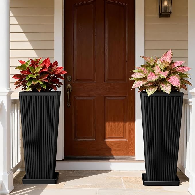 Tapered Tall Planters for Outdoor Plants 2 Pack- 23.6 Inch Square Indoor Flower Pots with Drainage Holes and Partition/Tray Saucers, Large Outdoor Planters for Porch Patio Garden, Black