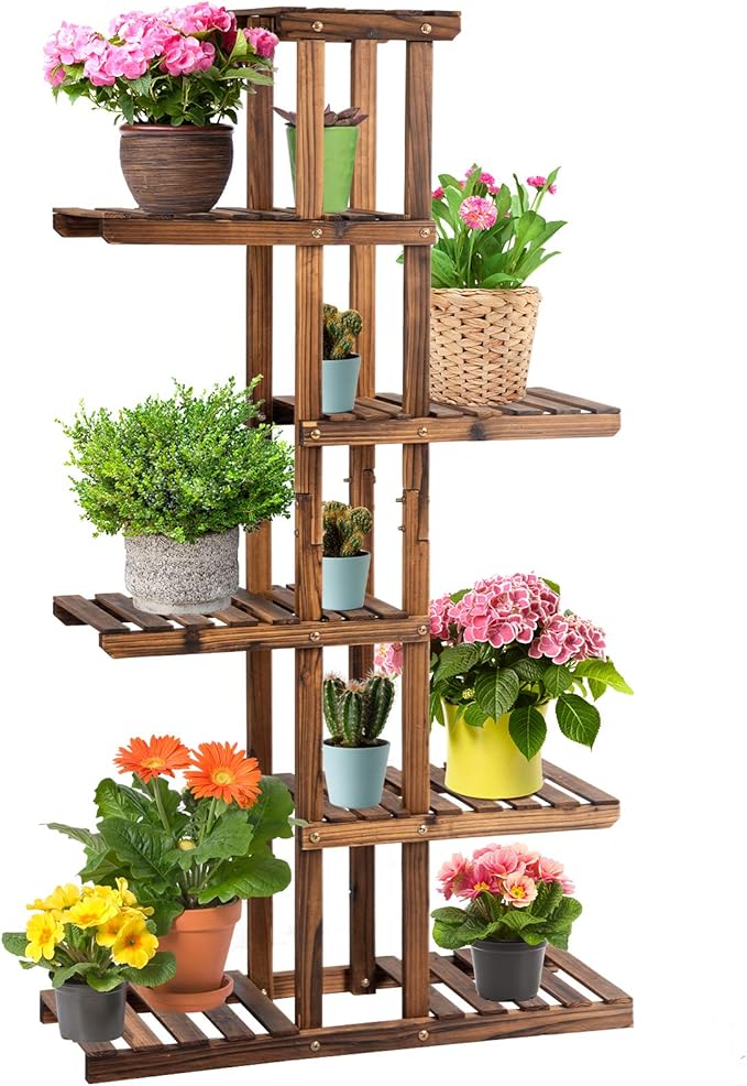 Giantex Flower Rack Wood Plant Stand 7 Wood Shelves 11 Pots Bonsai Display Shelf Indoor Outdoor Yard Garden Patio Balcony Living Room Multifunctional Storage Rack Bookshelf W/Hollow-Out Rack