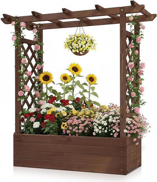 Outvita Raised Garden Bed with Trellis, Wood Planter Box with Hanging Roof, Side Trellis and Drainage Holes, Above Ground Elevated Garden Bed for Outdoor Climbing Plants Vegetables(Carbonized Color)