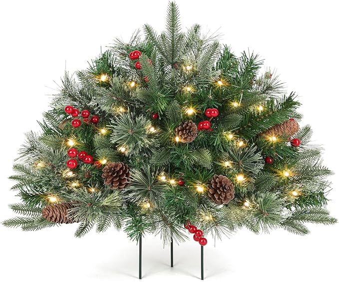 Outdoor Christmas Tree Frosted Urn Filler, Pre-lit Artificial Xmas Tree with LED Lights, 18 Inch Small Christmas Tree with Cones & Red Berries