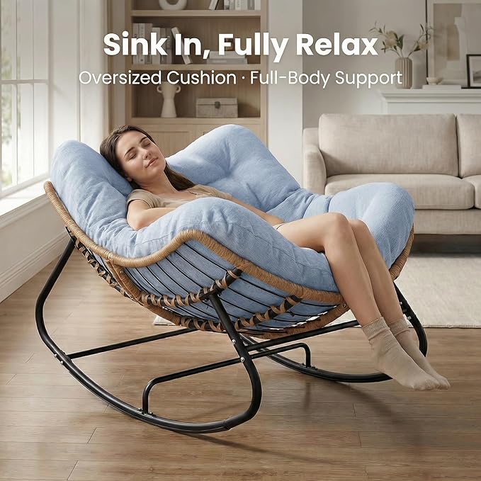 SWITTE Outdoor Rocking Chair, Oversized Patio Papasan Rocker, Comfy Wicker Reading Lounge, Indoor Egg Chair for Bedroom, Living Room, Porch, Garden, Lawn-Light Blue