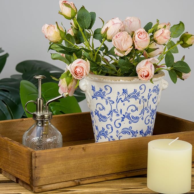 Vintage Ceramic Flower Pot with Drainage Holes and Handle,Ice Crack Country Rustic Planters for Indoor Outdoor,Tuscan Decor,Home and Garden Decor,Gardening Present